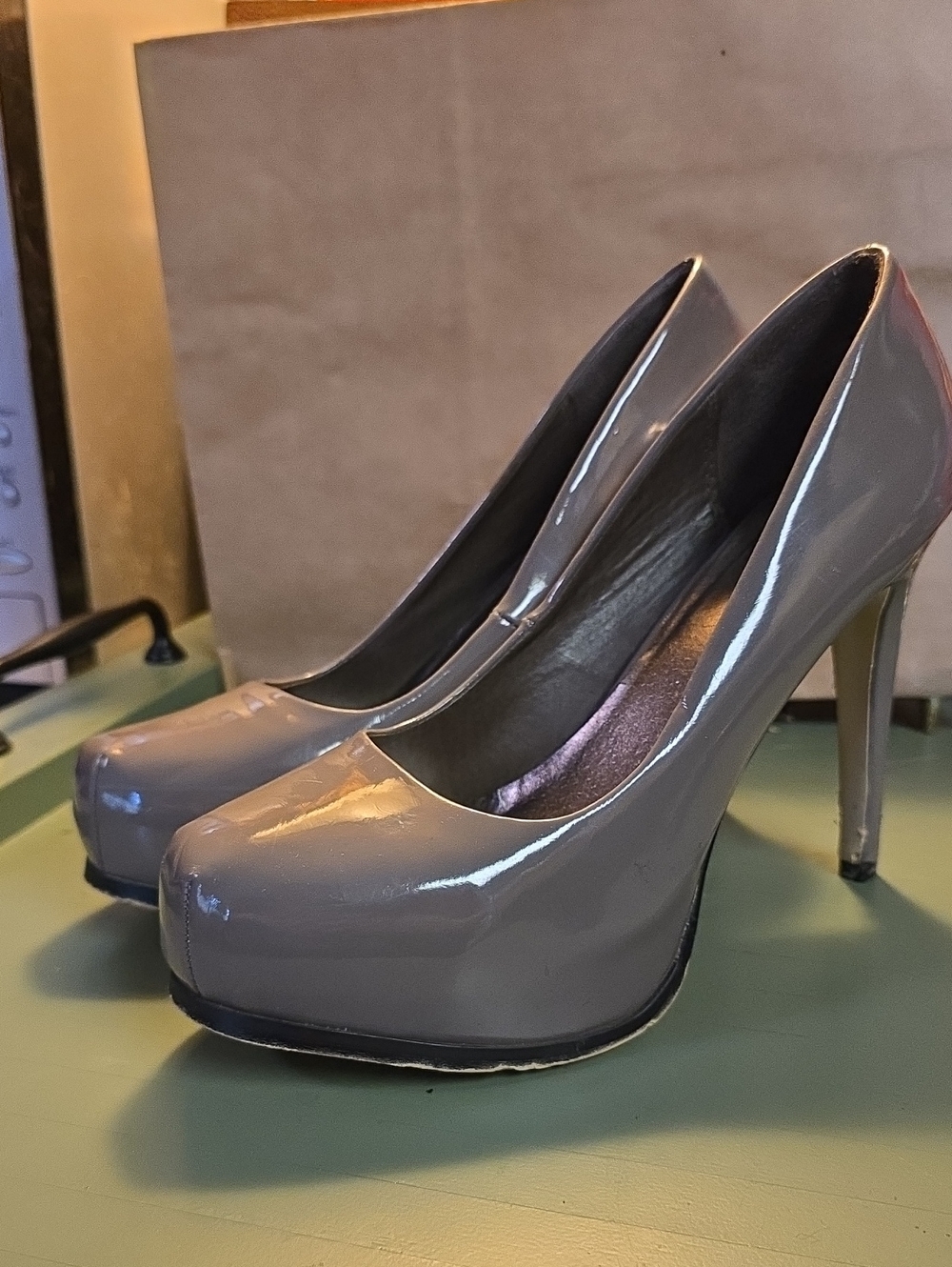 City Streets Patent Platform Pumps in Taupe, Size 8m